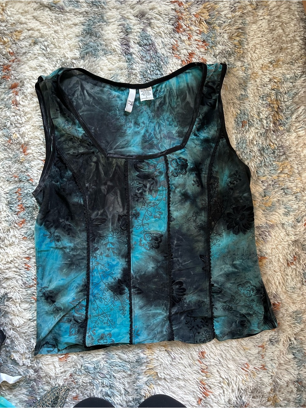 Y2K Teal and Black Floral Tank Top